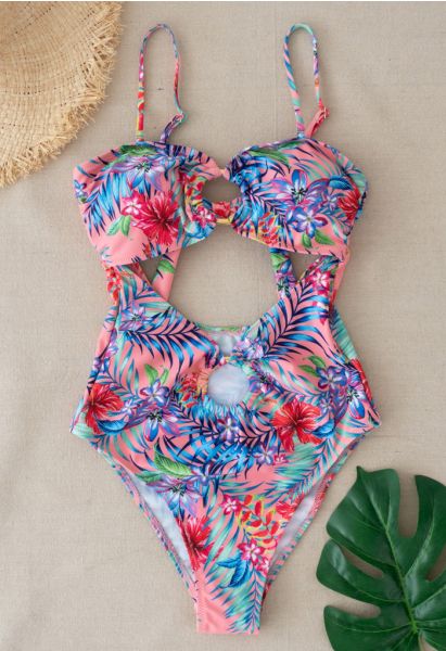 O-Ring Tropical Printed One-Piece Swimsuit in Pink