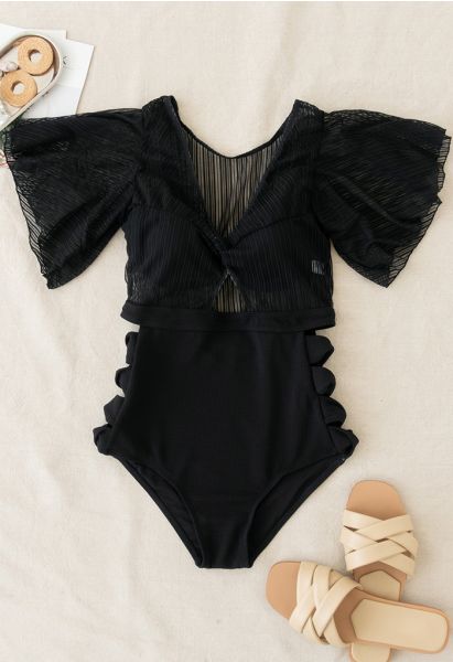 Detachable Bra and Lacy Swimsuit Set in Black