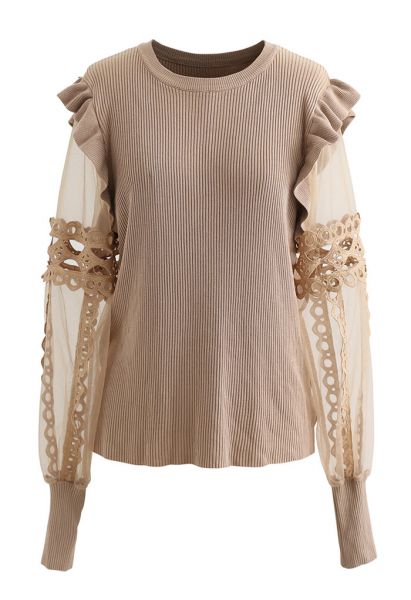 Lace-Adorned Mesh Sleeve Knit Top in Tan