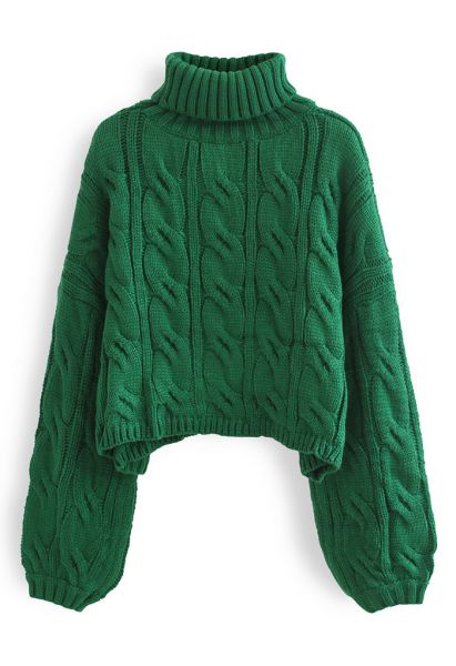 Turtleneck Braid Knit Crop Sweater in Green