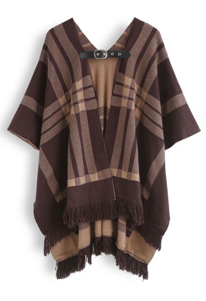 Belted Check Printed Tassel Poncho in Brown