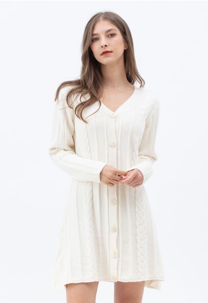 V-Neck Button Down Mini Knit Dress in Cream
