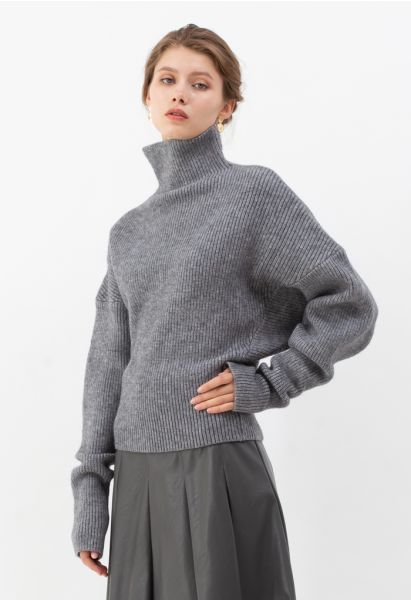 Batwing Sleeves Turtleneck Rib Knit Sweater in Grey