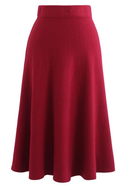 Textured Knit Flare Hem Knit Midi Skirt in Red