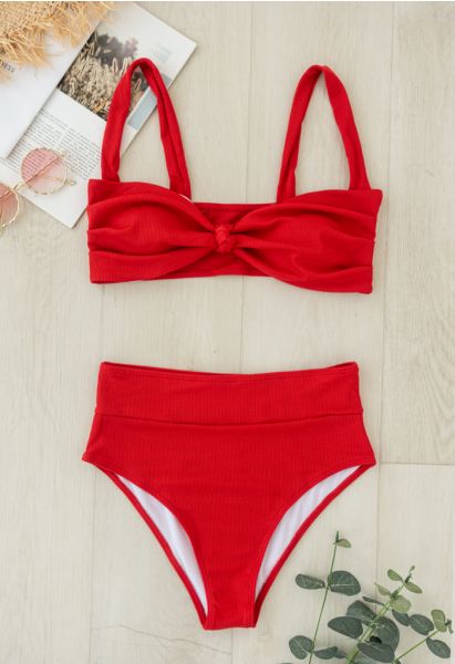 Twisted Knot Front Ribbed Bikini Set in Red