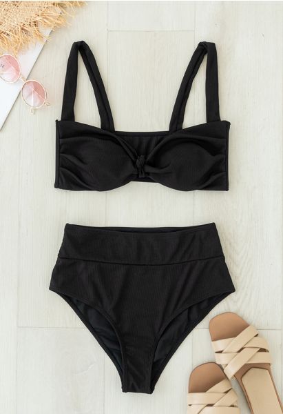 Twisted Knot Front Ribbed Bikini Set in Black