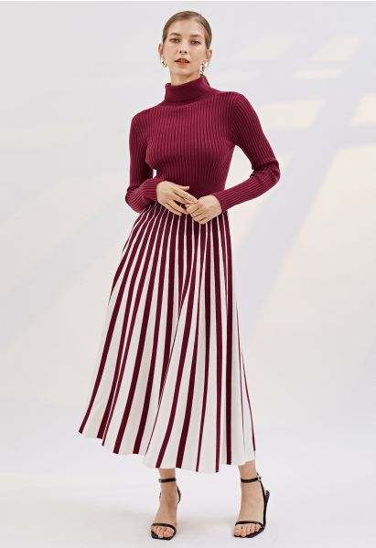 Stripe Print Turtleneck Knit Midi Dress in Burgundy