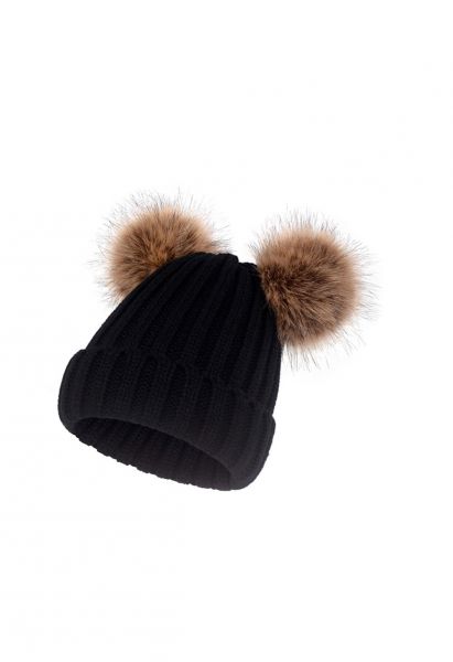 Fuzzy Pom-Pom Knit Beanie Hat in Black