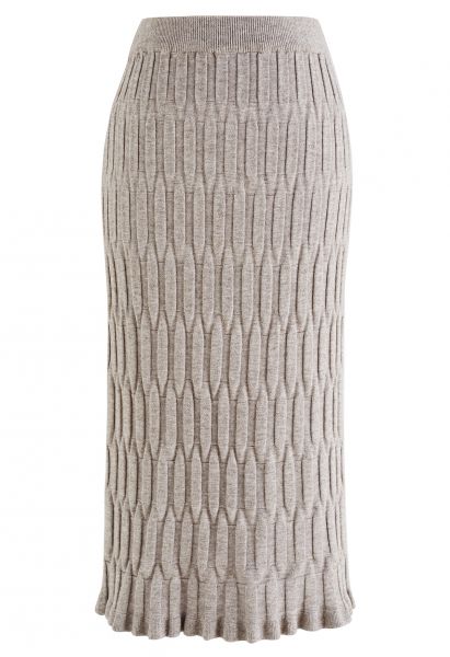 Embossed Texture Knit Pencil Skirt in Taupe