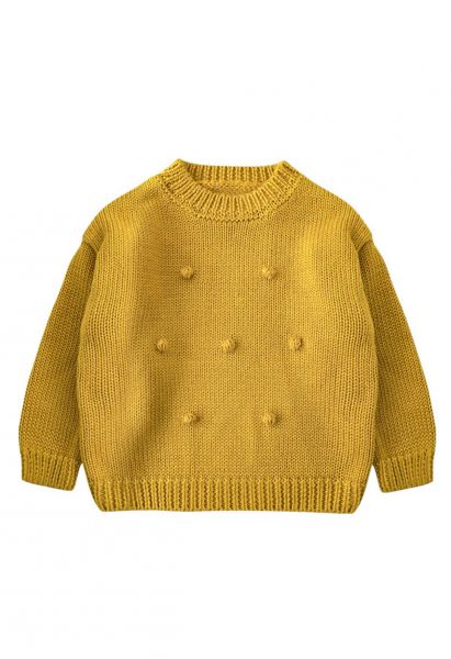 Pom-Pom Hand-Knit Sweater in Mustard For Kids