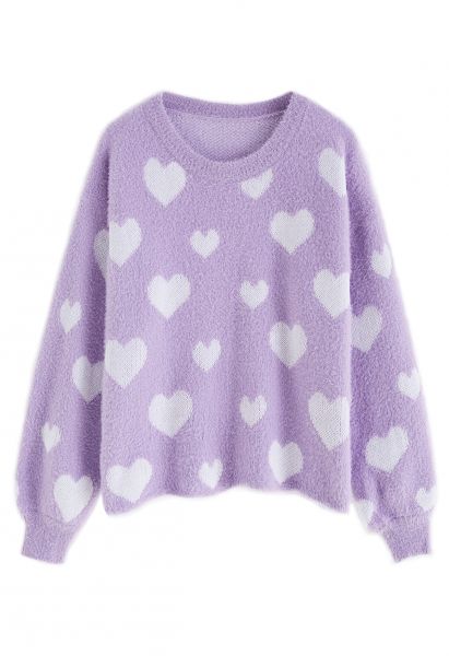 Fuzzy Contrast Heart Knit Sweater in Purple