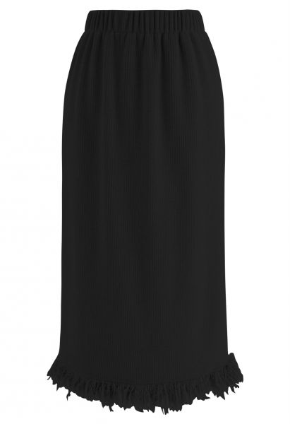 Fringed Slit Hem Ribbed Midi Skirt in Black
