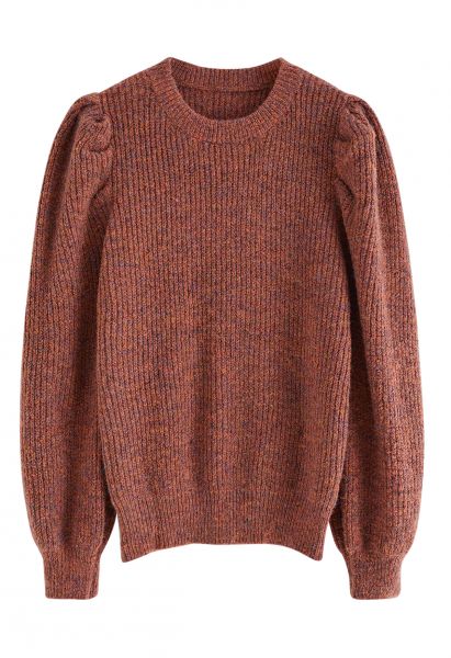 Mix-Knit Puff Sleeve Ribbed Sweater in Rust Red