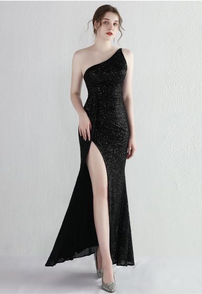 One Shoulder Sequins High Slit Gown in Black