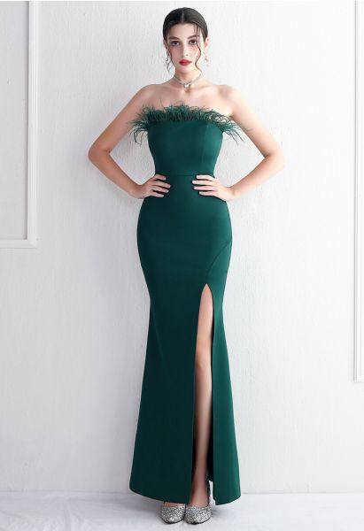 Feather Trim Strapless Slit Gown in Emerald