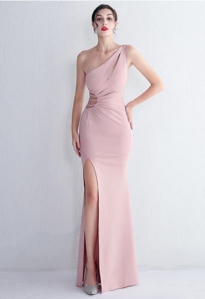 One Shoulder Cutout Slit Gown in Dusty Pink