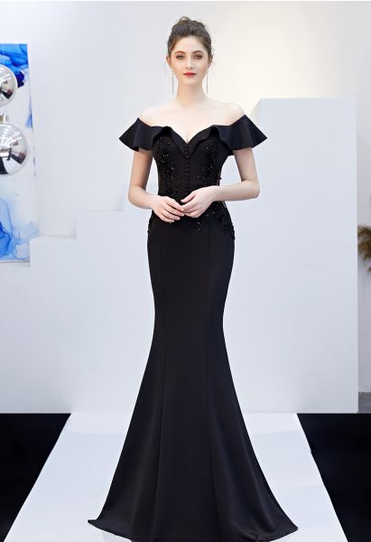 Ruffled Off-Shoulder Embroidery Mermaid Gown in Black