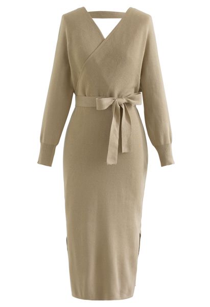 Batwing Sleeve Wrapped Midi Knit Dress in Camel