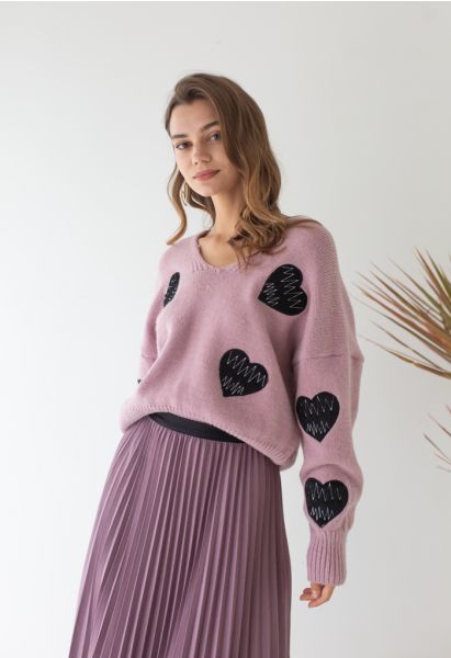 Heartbeat Patch V-Neck Knit Sweater in Lilac