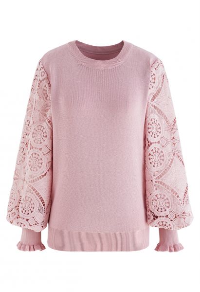 Floral Crochet Sleeve Knit Top in Pink