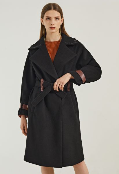 Wool-Blend Belted Longline Coat in Black