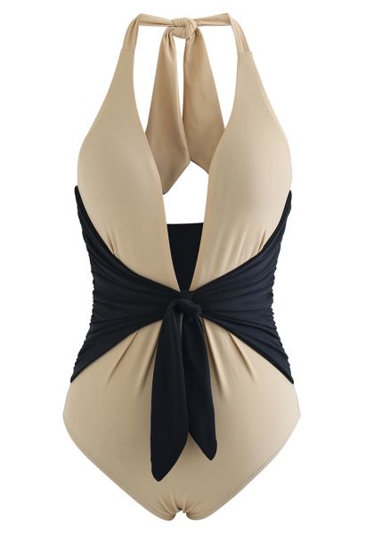Two-Tone Self-Tie Bowknot Halter Swimsuit in Camel