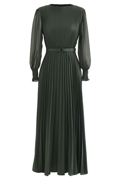 Full Pleated Belted Maxi Dress in Dark Green
