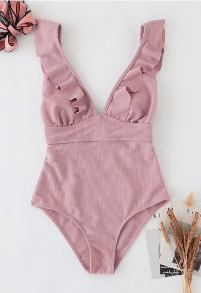 Deep-V Lace-Up Ruffle Swimsuit in Pink