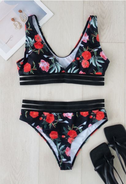 Red Hibiscus Print Bikini Set