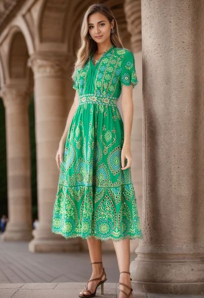 Exotic Day Cutwork Embroidery Midi Dress