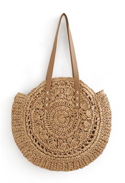Round Woven Straw Shoulder Bag in Tan