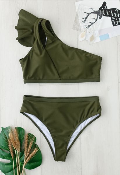 Army Green Ruffled Cutout One-Shoulder Bikini Set