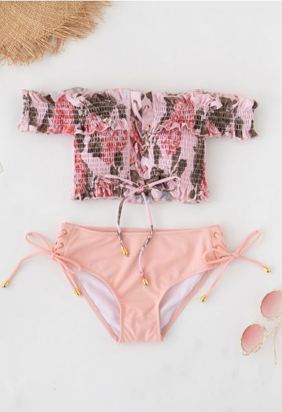 Lace-Up Ruffle Off-Shoulder Bikini Set in Floral Print