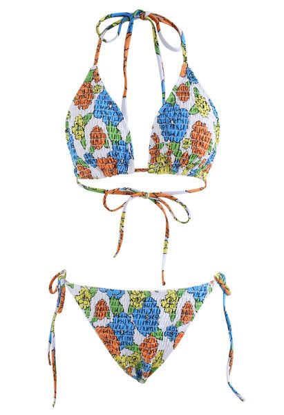 Colorful Flower Shirring Bikini Set