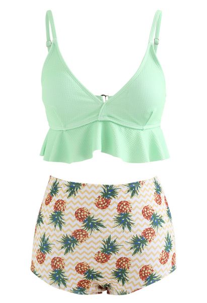 Pineapple Ruffle Trim Textured Bikini Set