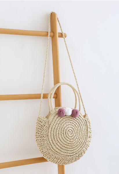 Contrast Ball Round Woven Straw Bag