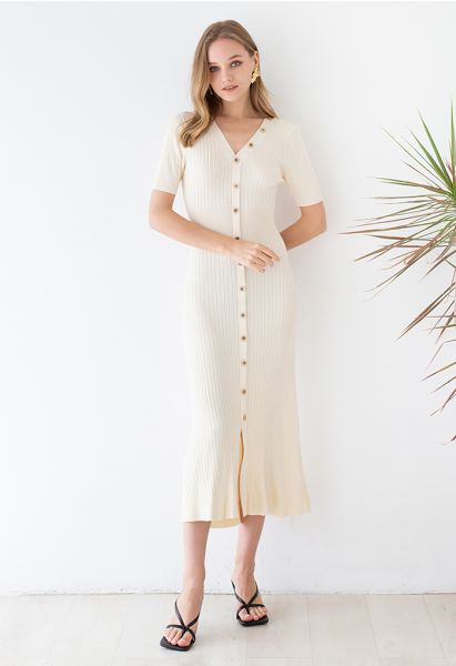 Buttons Trim Bodycon Knit Midi Dress in Cream