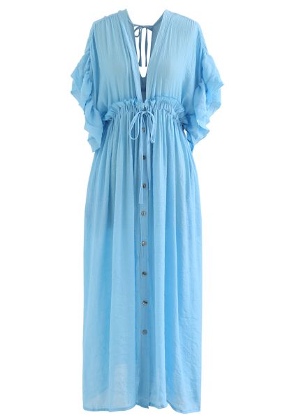 Ruffle Sleeves Deep V-Neck Cover Up in Blue