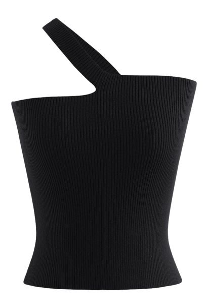 Oblique Shoulder Crop Knit Tank Top in Black