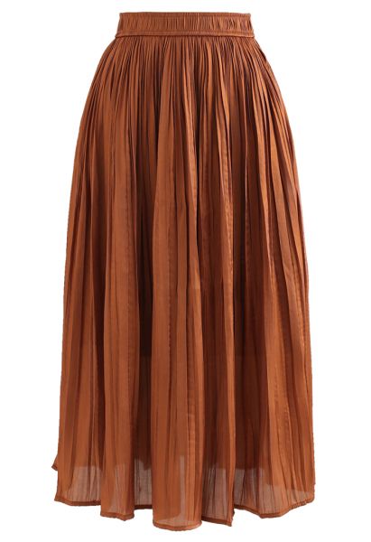 Glimmer Pleated Elastic Waist Midi Skirt in Caramel