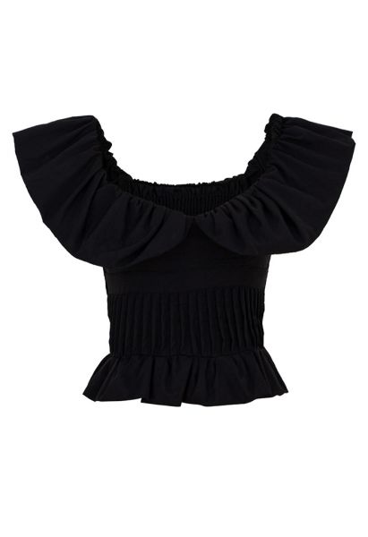 Flap Off-Shoulder Pleated Shirred Top in Black