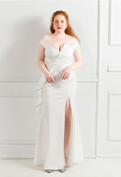 Off-Shoulder Cascade Ruffle Split Satin Gown in White