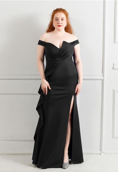 Off-Shoulder Cascade Ruffle Split Satin Gown in Black
