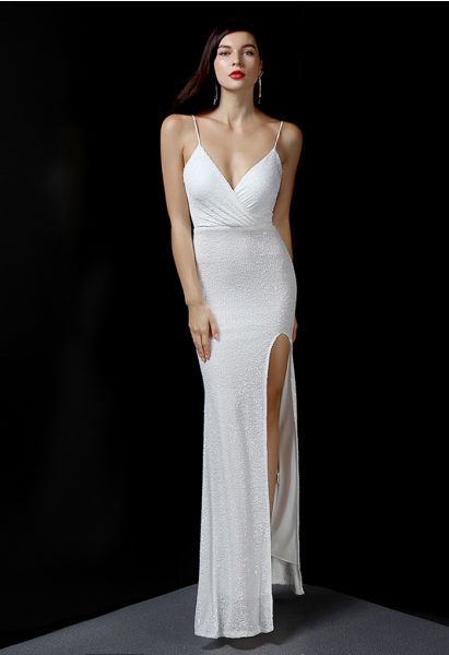Split Side Sequined Wrap Cami Gown in White