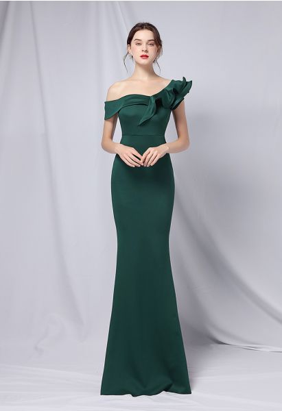 Ruffle One-Shoulder Mermaid Satin Gown in Emerald
