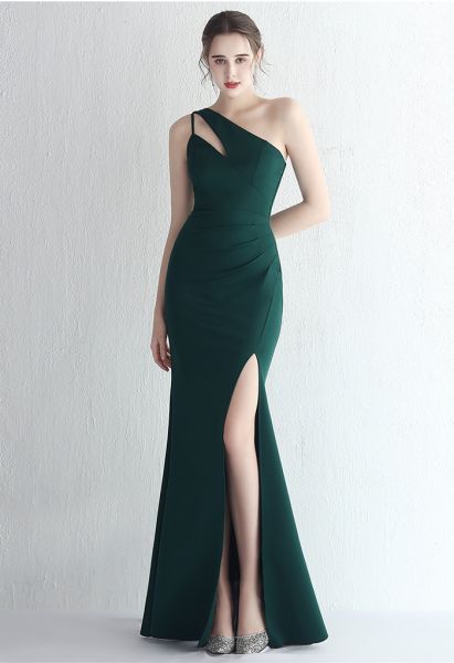 Cutout One-Shoulder Split Gown in Emerald