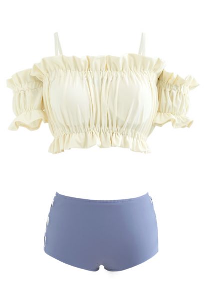 Ruffle Trim Cold-Shoulder Bikini Set in Cream