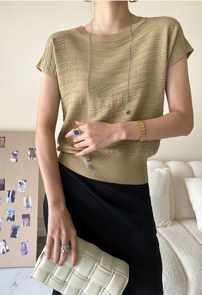 Short Sleeve Textured Knit Top in Tan
