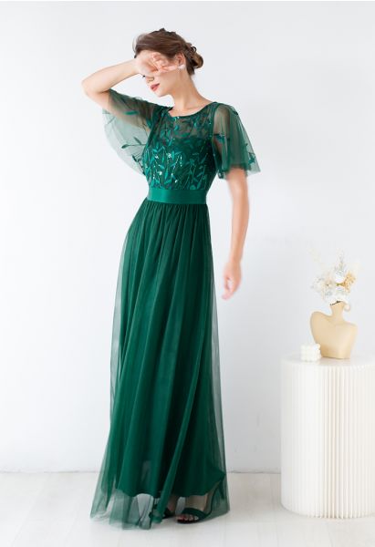 Sequined Vine Flutter Sleeve Mesh Gown in Green