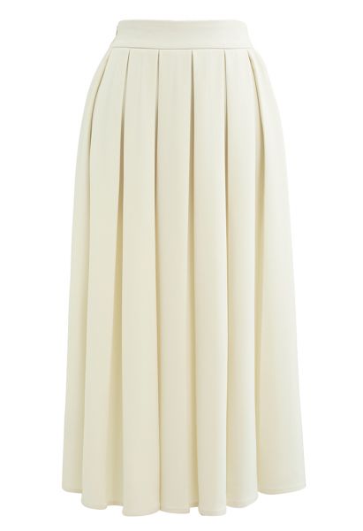 Pastel Candy Front Pleated Midi Skirt in Ivory